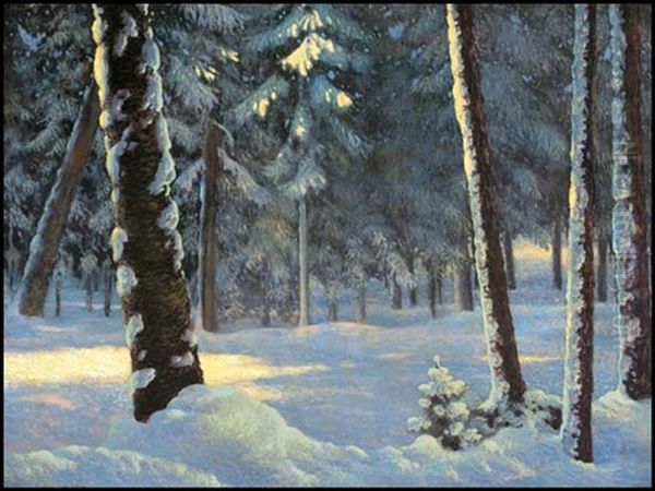 Sunlit Trees In Winter Oil Painting by Francis Hans Johnston