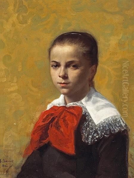 A Portrait Of A Young Girl With A Redbow Oil Painting by Ferdinand Bassot