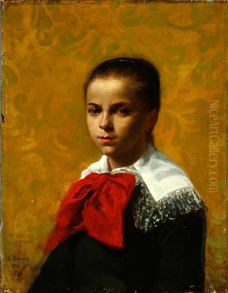 Bassot: Young Girl With A Red Scart. Signed And Dated F. Bassot 1882 Oil Painting by Ferdinand Bassot