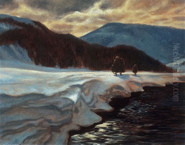 Snowy Riverbank On A Winter's Day Oil Painting by Francis Hans Johnston