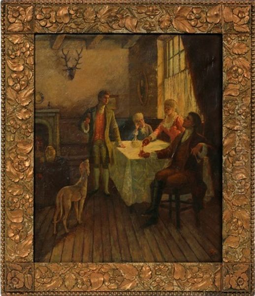 Depicting Figures Gathered In The Home. Oil Painting by Harry (Sir) Hamilton Johnston