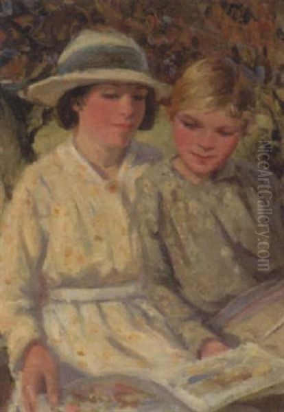 Two Girls Reading On A River Bank Oil Painting by Helen S. Johnston