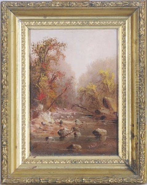 Riverbed Landscape In Autumn (+ A Companion Painting; 2 Works) Oil Painting by John R. Johnston