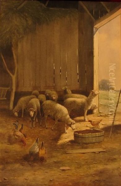 Sheep And Chickens Oil Painting by Reuben Le Grande Johnston