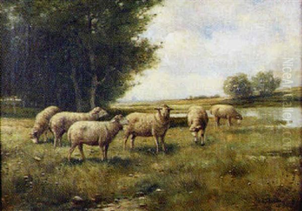 Landscape With Sheep Next To A River Oil Painting by Reuben Le Grande Johnston