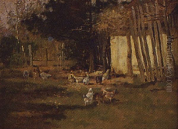 Barnyard Scene With Chickens Beside A Barn Oil Painting by Reuben Le Grande Johnston