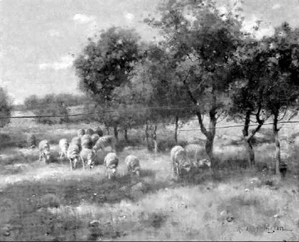 Sheep In A Lush Pasture Oil Painting by Reuben Le Grande Johnston