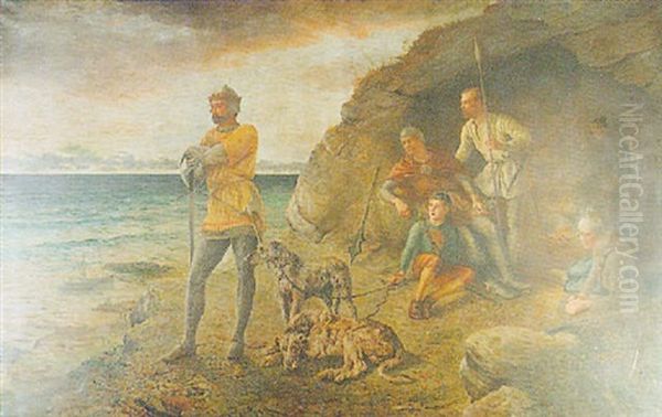 Robert The Bruce And His Men By A Coastal Cave Oil Painting by Robert B. Johnston