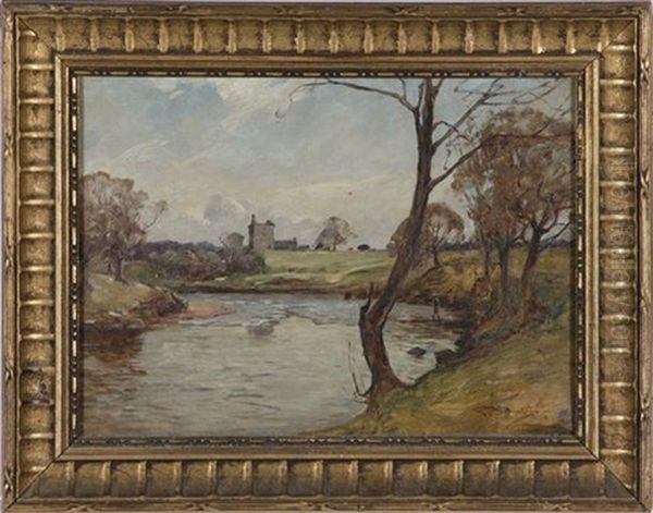 Scene Along A River Oil Painting by George Whitton Johnstone