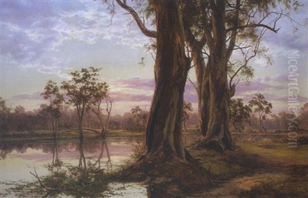 Evening Mist, Sunset On The Lagoon At Seymour Oil Painting by Henry James Johnstone