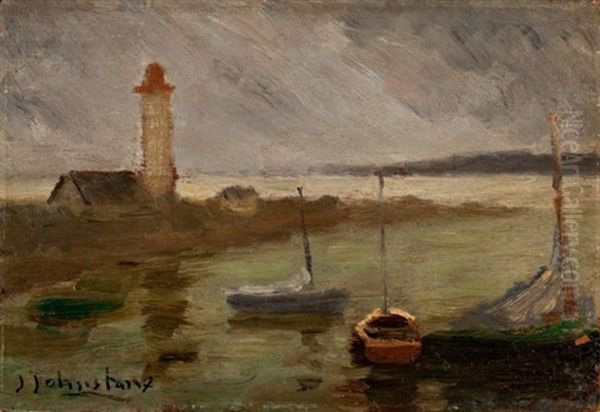 The Lighthouse At Harbour Entrance Oil Painting by John Young Johnstone