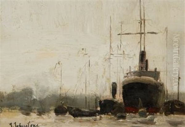 Ships In The Harbour Oil Painting by John Young Johnstone