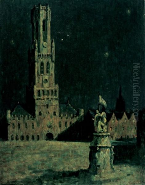 The Belfry, Bruges, By Moonlight Oil Painting by John Young Johnstone