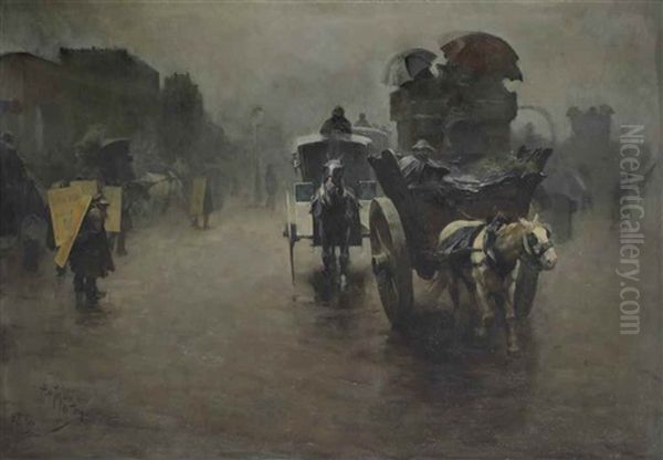 London: Carriages In The Mist, London Oil Painting by Pieter Josselin de Johs