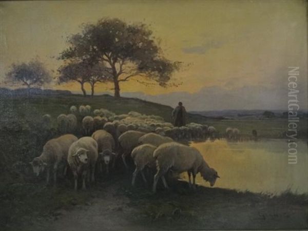 Berger Et Ses Moutons Au Crepuscule Oil Painting by Dominique-Adolphe Grenet de Joigny