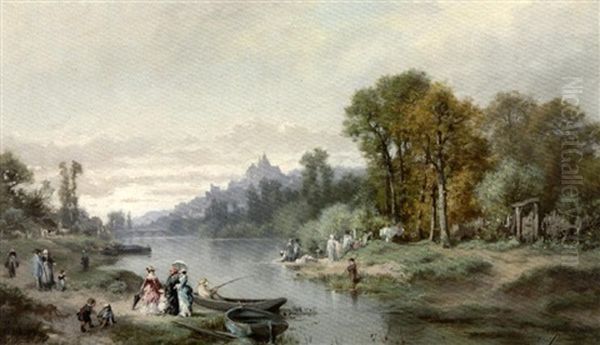 La Promenade Du Dimanche Sur Les Bords De L'yonne A Auxerre Oil Painting by Dominique-Adolphe Grenet de Joigny