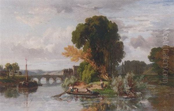 Fishermen In A River Landscape Oil Painting by Dominique-Adolphe Grenet de Joigny