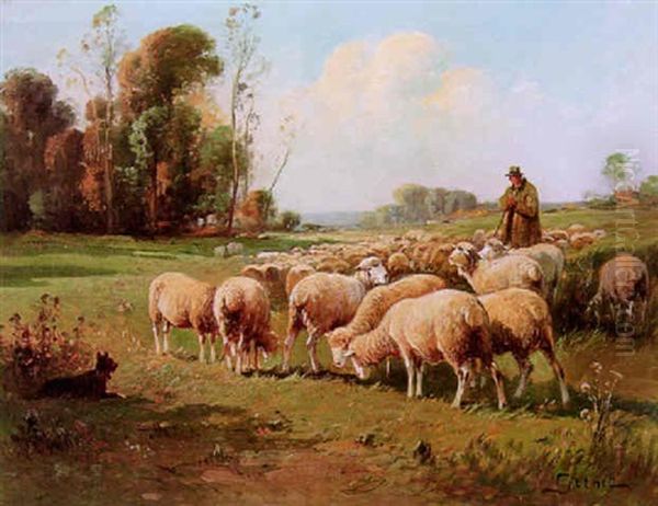 A Summer Landscape With A Shepherd And His Flock Oil Painting by Dominique-Adolphe Grenet de Joigny