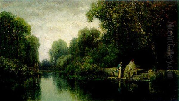 Au Bord De La Riviere Oil Painting by Dominique-Adolphe Grenet de Joigny