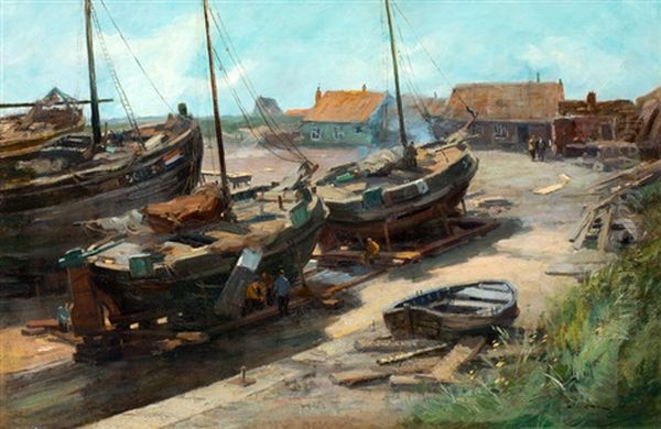 Scheepshelling Te Scheveningen Oil Painting by Joseph Gerardus van Jole