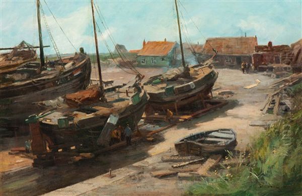 Barges On The Wharf Of Scheveningen Oil Painting by Joseph Gerardus van Jole