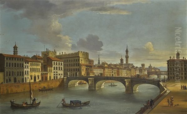 Florence, A View Of The Ponte Santa Trinita And The River From The Lungarno Guicciardini Oil Painting by Antonio Joli