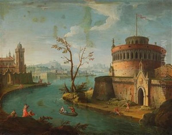 An Italianate Capriccio River Landscape Oil Painting by Antonio Joli