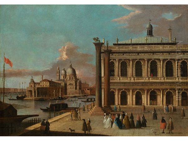 La Piazzetta Con La Libreria Di S. Marco, La Dogana E La Chiesa Della Salute Sullo Sfondo Oil Painting by Antonio Joli