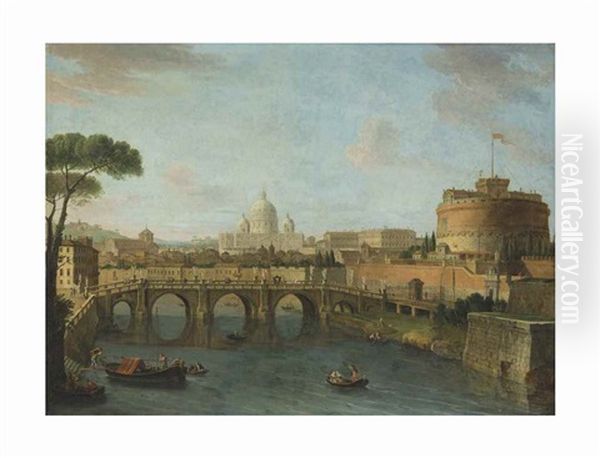 The Tiber, Rome, Looking Towards The Castel Sant'angelo, With Saint Peter's Basilica Beyond Oil Painting by Antonio Joli