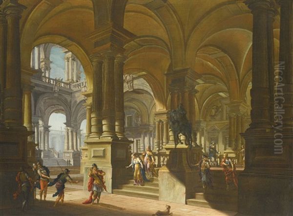 Architectural Capriccio With Figures, Possibly Jephthah And His Daughter Oil Painting by Antonio Joli