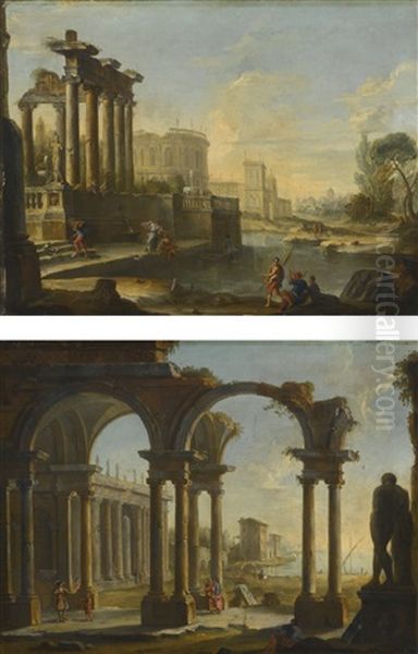 Architectural Capriccio With Figures Among Classical Ruins By An Inlet; Architectural Capriccio With Figures Under A Ruined Colonnade by Antonio Joli