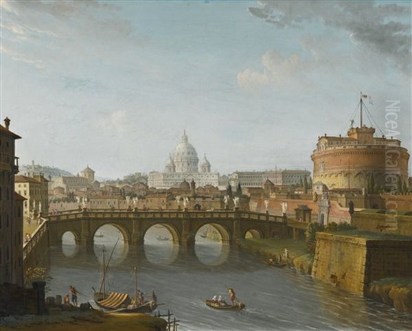 Rome, A View Of The Tiber With The Castel Sant'angelo And Saint Peter's Basilica Oil Painting by Antonio Joli