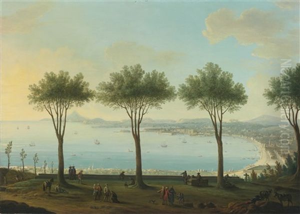 View Of The Bay Of Naples From The South (possibly Poggioreale), Looking North With A King Of The Bourbon Family, Possibly Ferdinand Iv, In The Foreground Oil Painting by Antonio Joli