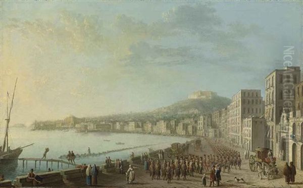 A View Of The Bay Of Naples From The East, With Hussars Parading Along The Harbour Oil Painting by Antonio Joli