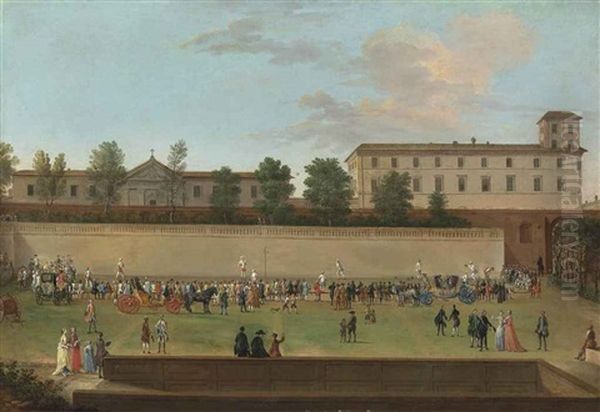 The Gardens Of Palazzo Barberini, Rome, With Elegantly Dressed Figures Watching A Game Of Palla A Bracciale Oil Painting by Antonio Joli