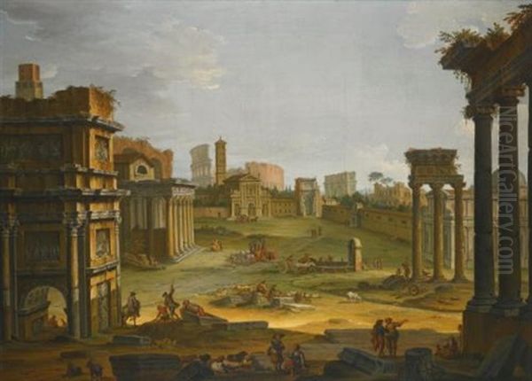 Rome, A View Of The Forum With The Campo Vaccino, The Church Of Santa Francesca Romana And The Colosseum Oil Painting by Antonio Joli