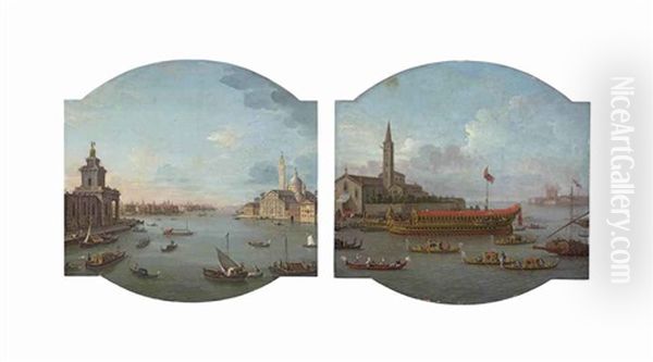 A View Of San Giorgio Maggiore, Venice, With The Punta Della Dogana... (+ A View Of The Bucintoro Anchored In Front Of San Nicolo Al Lido, Venice...; Pair) Oil Painting by Antonio Joli