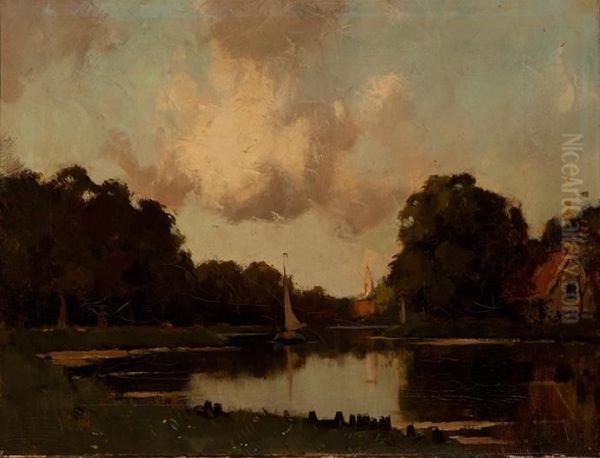 View Of The River De Vecht Oil Painting by Nicolaas Bastert