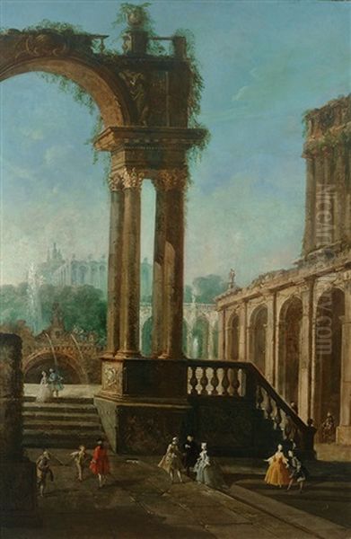 Blick Auf Terrassen Und Estraden Einer Barocken Gartenanlage Mit Ruinen Und Fontanen. Anlegende Prunkgondel Und Figurenstaffage (+ Blick Auf See Und Berge. Vielleicht Der Palazzo Borromeo Auf Der Isola Bella; Pair) Oil Painting by Antonio Joli