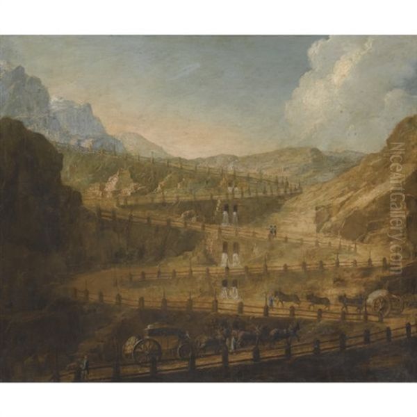 A Capriccio Mountain Landscape With Horses And Carts Ascending A Path Oil Painting by Antonio Joli