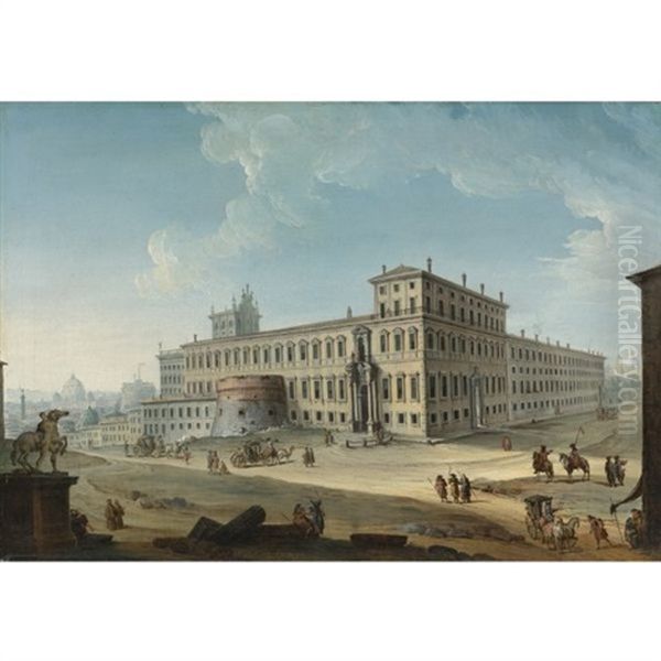 View Of The Piazza Montecavallo With The Palazzo Del Quirinale (collab. W/studio) Oil Painting by Antonio Joli