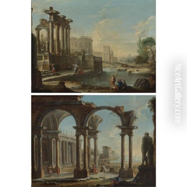 Architectural Capriccio With Figures Among Classical Ruins By An Inlet (+ Architectural Caprccio With Figures Under A Ruined Colonnade; Pair) Oil Painting by Antonio Joli