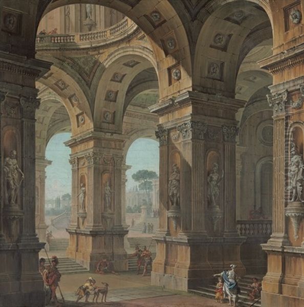 An Architectural Capriccio With Soldiers And Other Figures In An Open Portico, A Courtyard And Palace Beyond Oil Painting by Antonio Joli