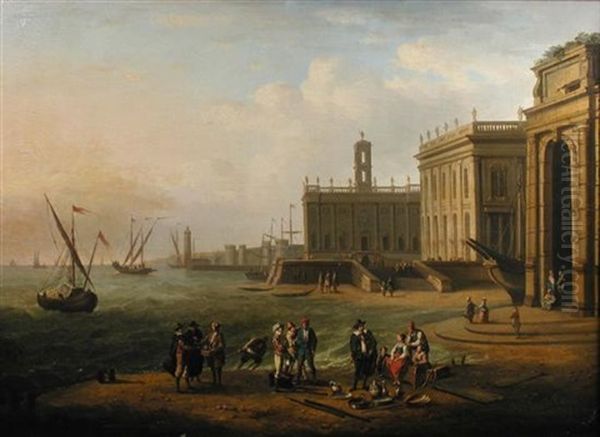 A Capriccio Landscape With Market Folk By The Palazzo De Senatore And Palazzo De Conservatori On The Capitoline Hill, Rome Oil Painting by Antonio Joli