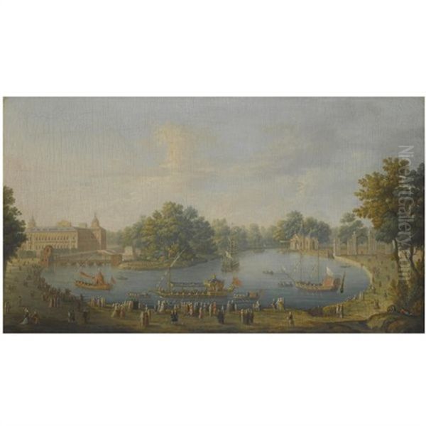 The Royal Palace Of Aranjuez From The North-east, With King Ferdinand Vi Of Spain And Queen Maria Barbara Of Braganza On The Royal Barge Oil Painting by Antonio Joli