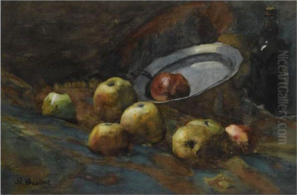 A Still Life With Apples, A Bottle And A Pewter Plate Oil Painting by Nicolaas Bastert