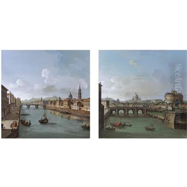 Florence, A View Of The River Arno Towards To The Ponte Santa Trinita And The Ponte Vecchio (+ Rome, A View Of The Tiber With The Castel Sant Angelo And St. Peter's Basilica; Pair) Oil Painting by Antonio Joli