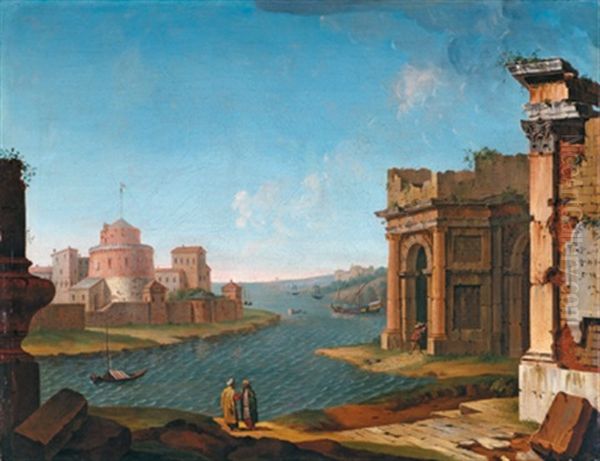 Capriccio An Einem Fluss, Mit Klassischer Architektur, Ruinen, Einer Festung Und Zwei Orientalen Im Vordergrund - Capriccio Fluviale Con Architetture Classiche In Rovina, Cittadella Fortificatae, Due Oil Painting by Antonio Joli