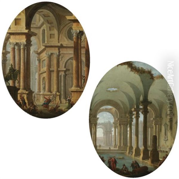 An Architectural Capriccio With Christ Driving The Money-traders From The Temple (+ An Architectural Capriccio With Christ Healing The Sick; Pair) Oil Painting by Antonio Joli