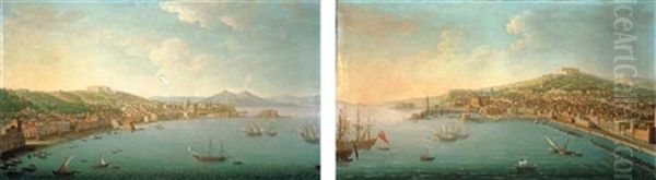 The Bay Of Naples From The Posillipo, With The Riviera Di Chiaia, The Pizzofalcone Barracks, The Castel Sant'elmo, The Certosa Di San Martino (+ The Bay Of Naples From San Giovanni A Teduccio; Pair) Oil Painting by Antonio Joli